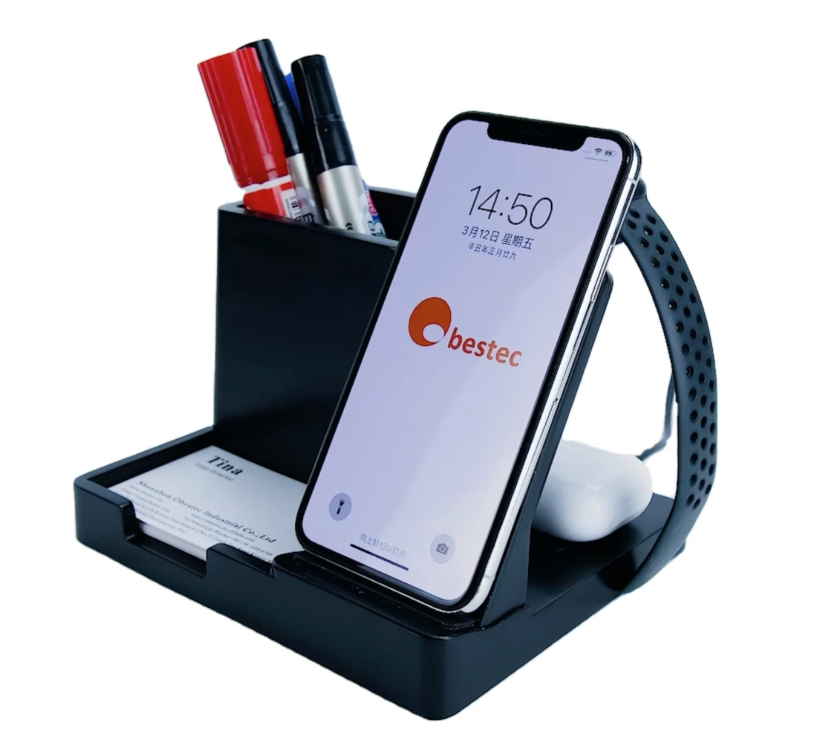 

Trending 2021 Top Seller Desk Organizer Pen Holder Phone Stand Wireless Charger docking station, Black ,white,customized