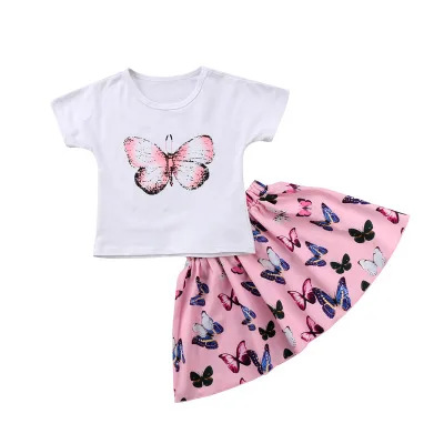 

Butterfly print short sleeve top skirt girls' clothing sets dress summer flower girl baby dresses, White