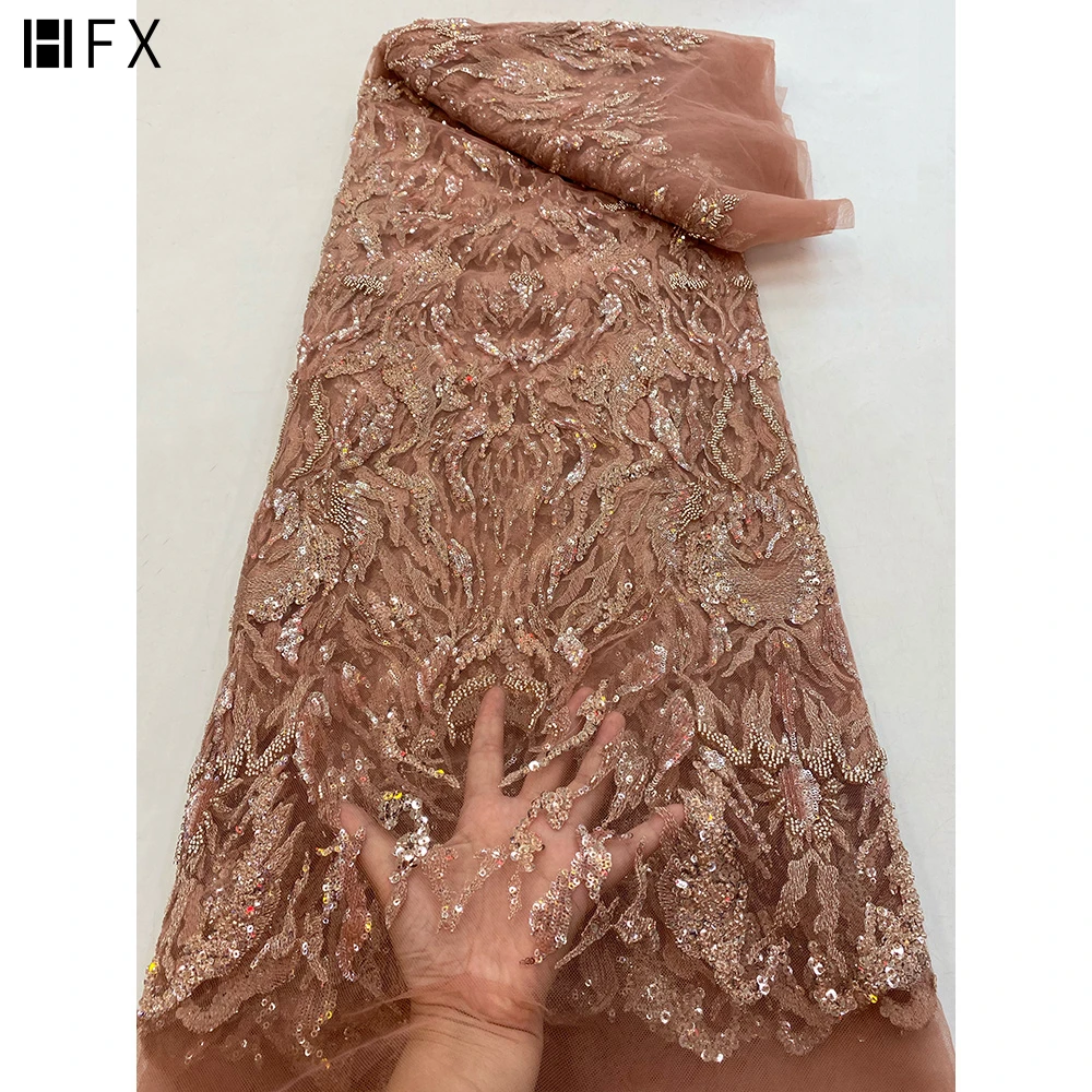 

HFX Bridal Fabric Luxury Embroidery Beads Sequins Lace African Heavy Beaded Lace Fabric For Wedding, Multi colors