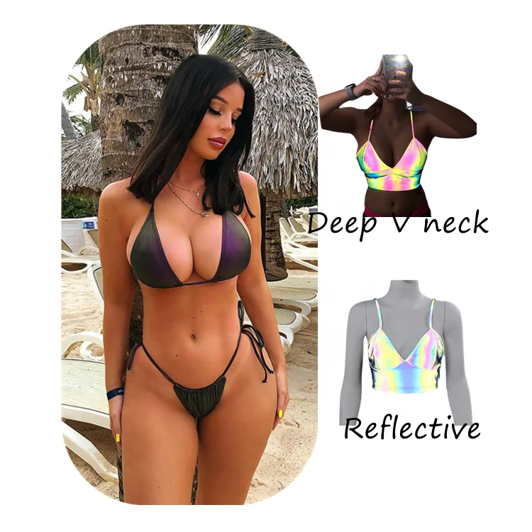 

Super Hot American Streetwear Deep V Neck Laser Reflection Print Women Sexy Swim Crop Top, In available