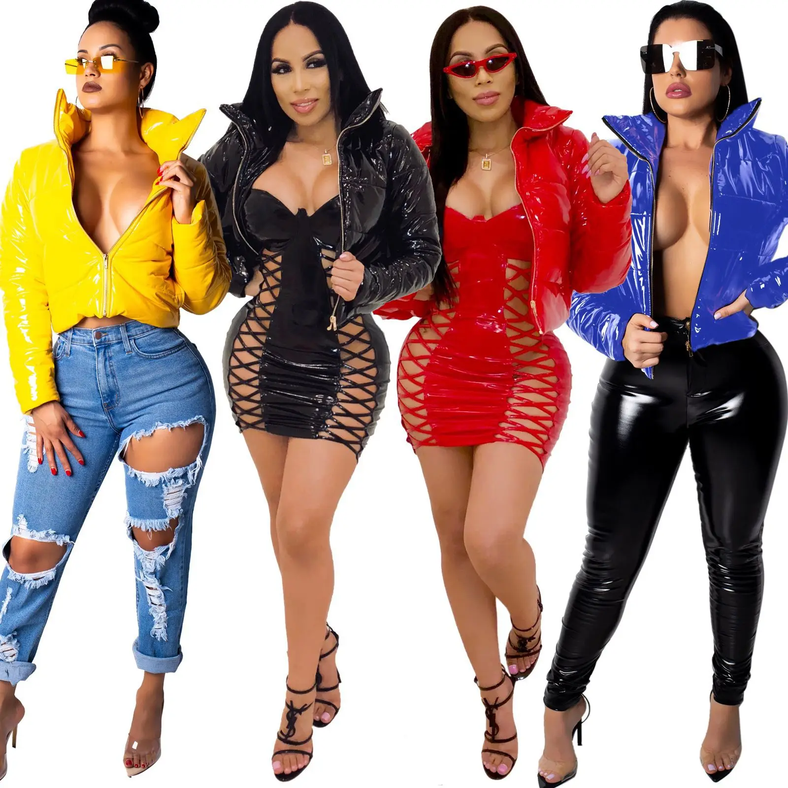 

Best selling women's autumn and winter new style bright PU leather bread jacket down cotton jacket quilted jacket PU winter coat, Shown