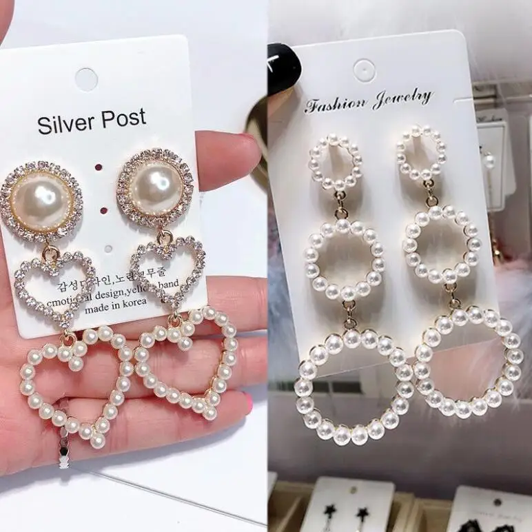 

Fashion Multilayer Round Heart Rhinestone Pearl Drop Long Dangle Earrings Jewelry For Women
