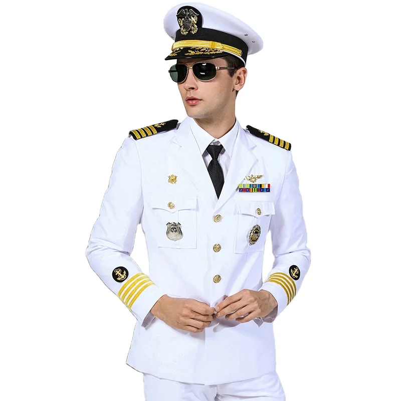 

Military officer police white royal navy uniform with badge, White / black;wine red;custom color