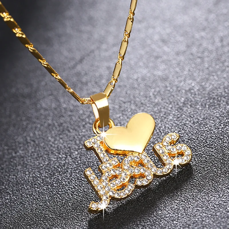 

Fashion Women Jesus Heart Letter Pendant Necklaces Christian Jewelry Religious Rhinestone Necklace (KNK5237), Same as the picture