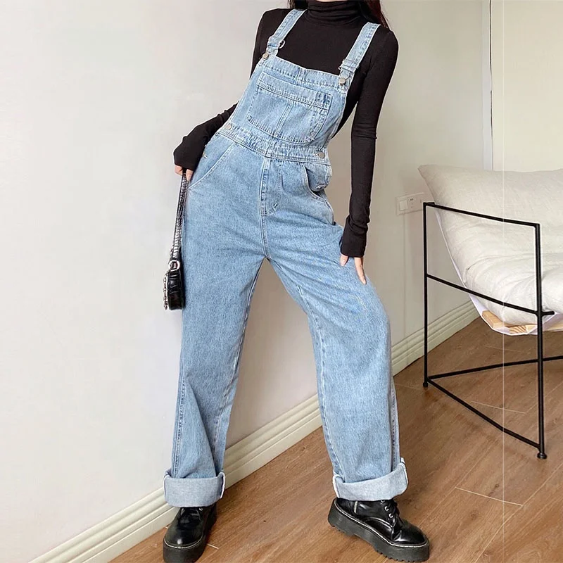 

Korea Jean Overalls Female Elegant Classic Loose Fit Blue Denim Jumpsuit 2021 Fashion Aesthetic Cargo Jeans Romper For Women, Black gray/light blue