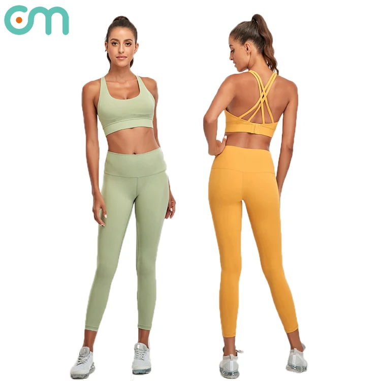 

2021 Newest Women yellow private label gym high compression workout yoga wear nylon spandex set