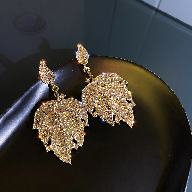 

fashion trendy gold plated drop crystal earrings leaf