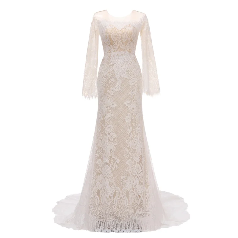 

FANWEIMEI#3020Y 100% REAL PICTURE Off-Shoulder Lace Boho Long Sleeve Nude Champagne Boho Bohemian Wedding Dress Bridal Gown