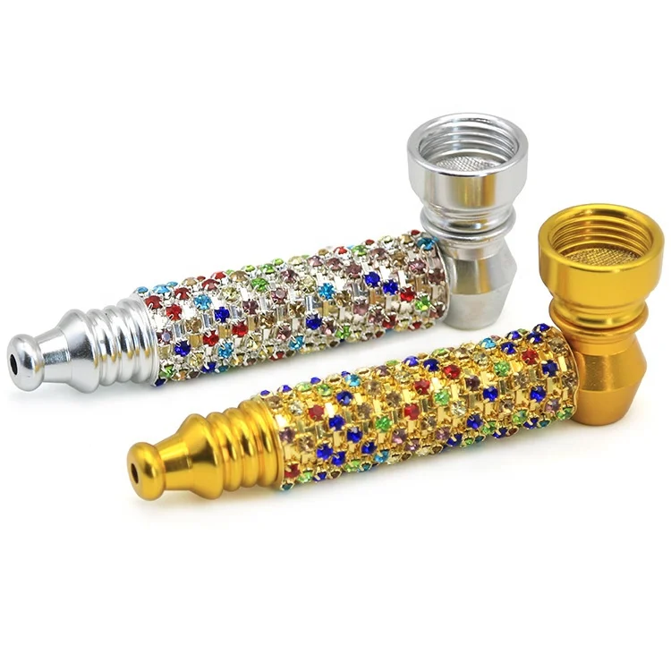 

Shining Golden Silver Diamond Metal Pipe With Mesh Protable Cigarette Holder Pipe Tobacco Smoking Accessories, Shown