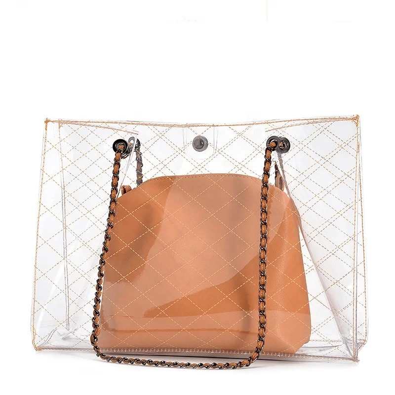 

Fashion new casual PVC luxury hand bags ladies handbags Jelly shoulder large capacity beach bag from china, Brown