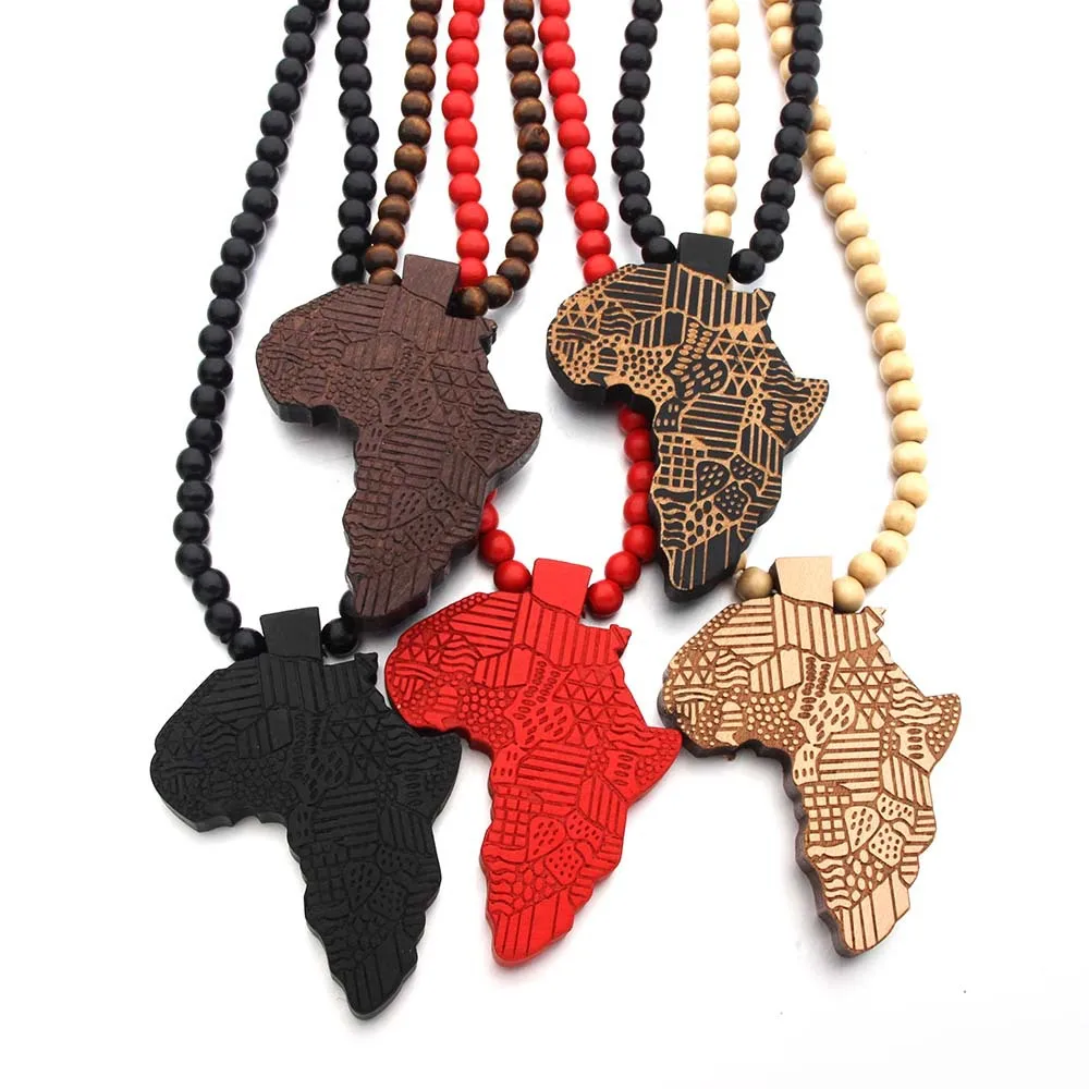 

Hip hop jewelry african map wood bead pendant necklace for men or women