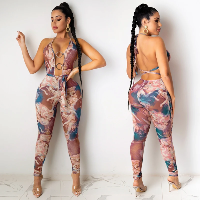 

Backless Hollow Out Hoop Buckle Pattern Printed Women 2020 Sexy Fitness Workout Clothing Halter Active One Piece Jumpsuit, Customized color
