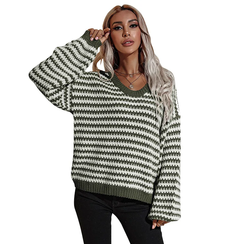

Winter Fashion V Neck Loose Knitted Pullover Sweater Women Autumn Long Sleeve Streetwear Clothing, Khaki,green,black