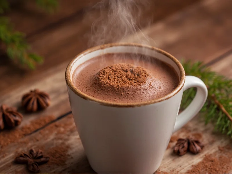 Steaming mug of homemade hot chocolate with cocoa powder dusting