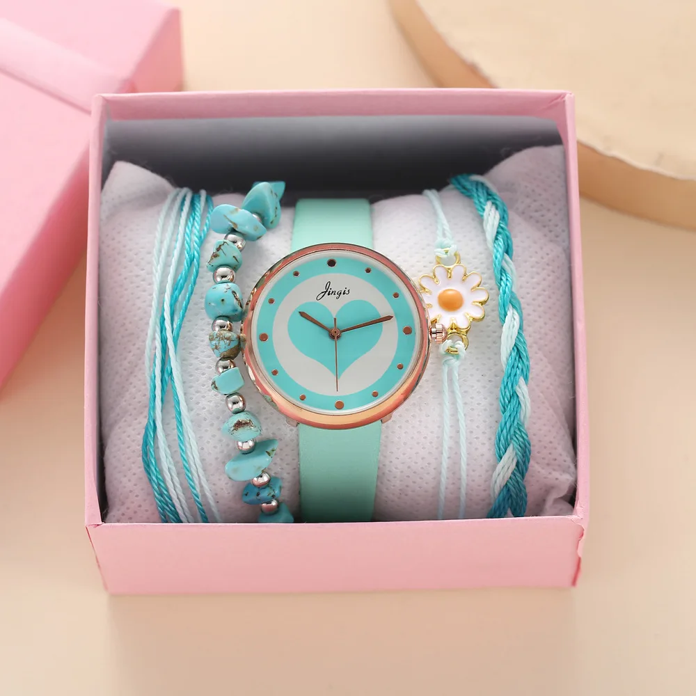 

Hot sale children and students fashion cute casual artistic belt quartz watch Daisy bracelet set, As pic