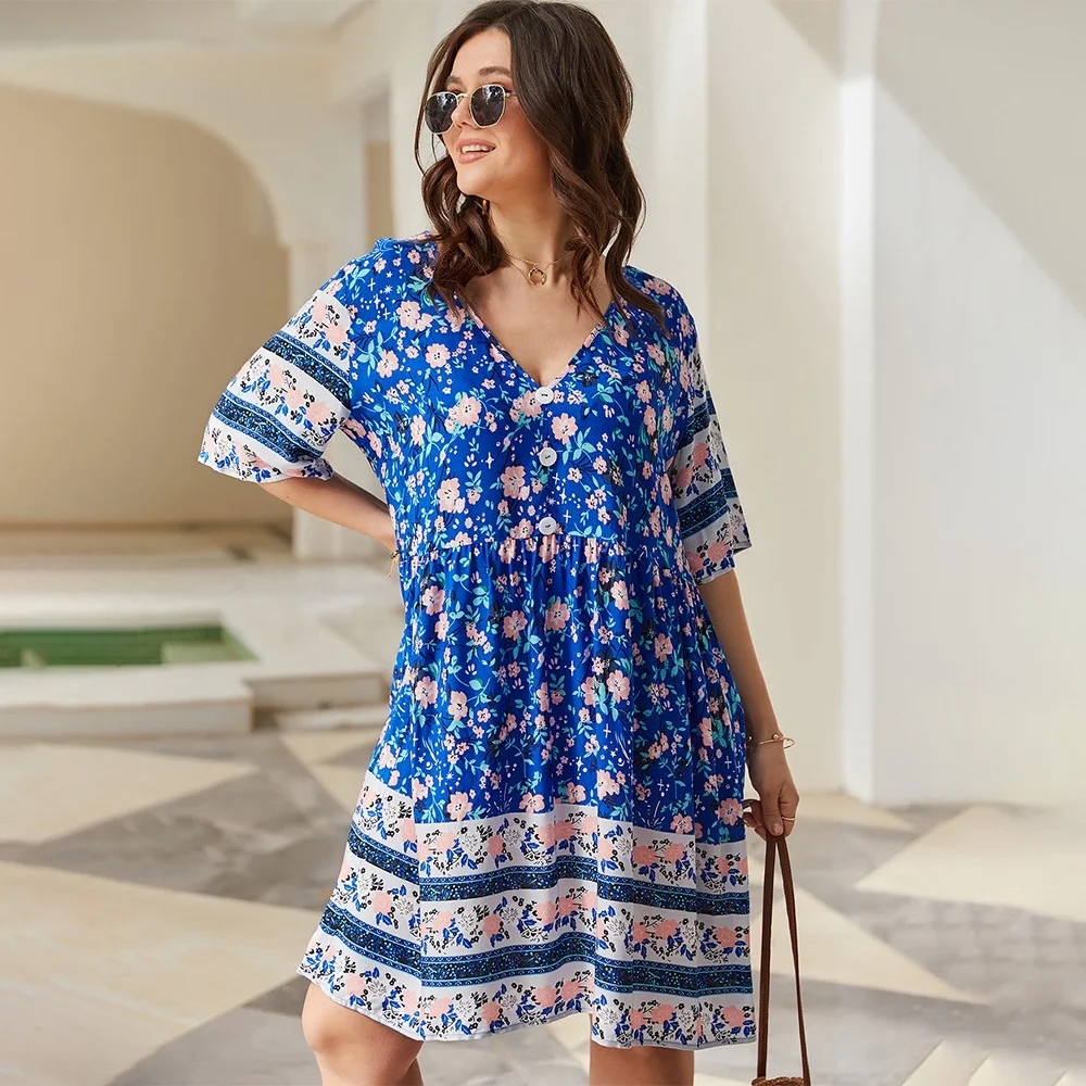 

2021 new design Short Sleeve dress button V-neck casual holiday plus size women's bohemian dress