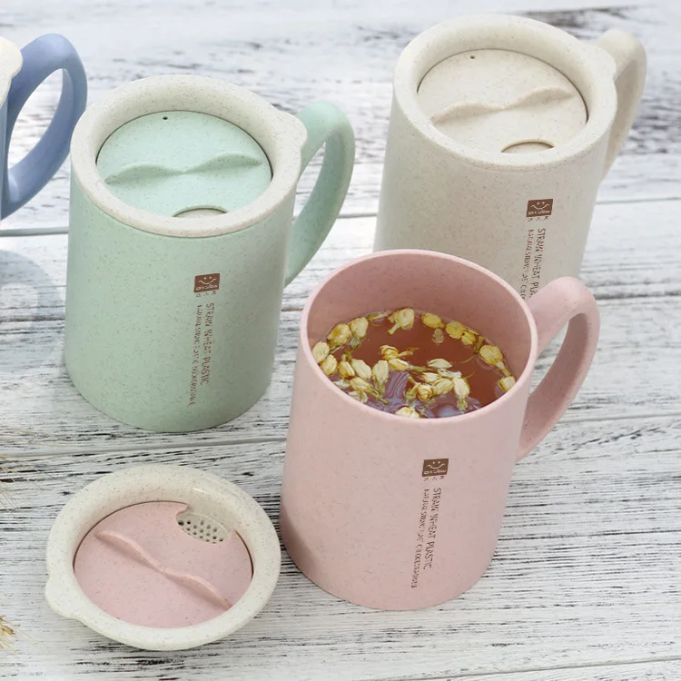 

Reusable Eco-friendly Wheat Straw Mugs with Lid and Tea Infuser Coffee Mug Custom, Blue,green,white,pink