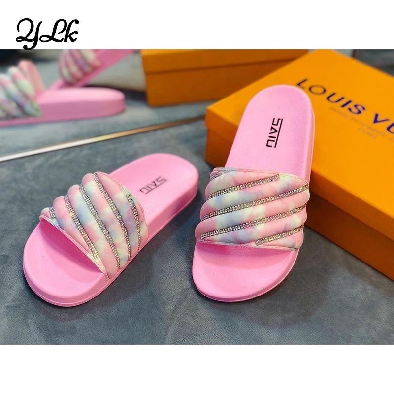 

fashion women flower rhinestone slippers sandals tie dye ladies diamond sandals fashion tie dye slippers for women, Pink