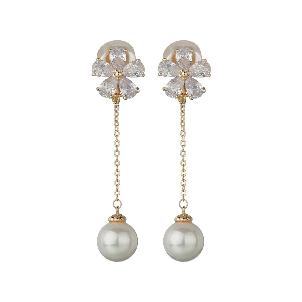 

Flower Petal Ear Clip Tassel Pearl Earrings Jewelry Plated 18K Gold Women Long Ear Clips Without Pierced Ears, White, champagne