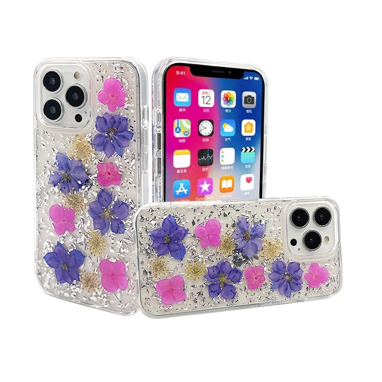 

Fashion Real Flowers Epoxy Glitter Case Cover for iPhone 13 pro max Clear TPU PC Case Diy Epoxy phone case For iPhone 12 pro