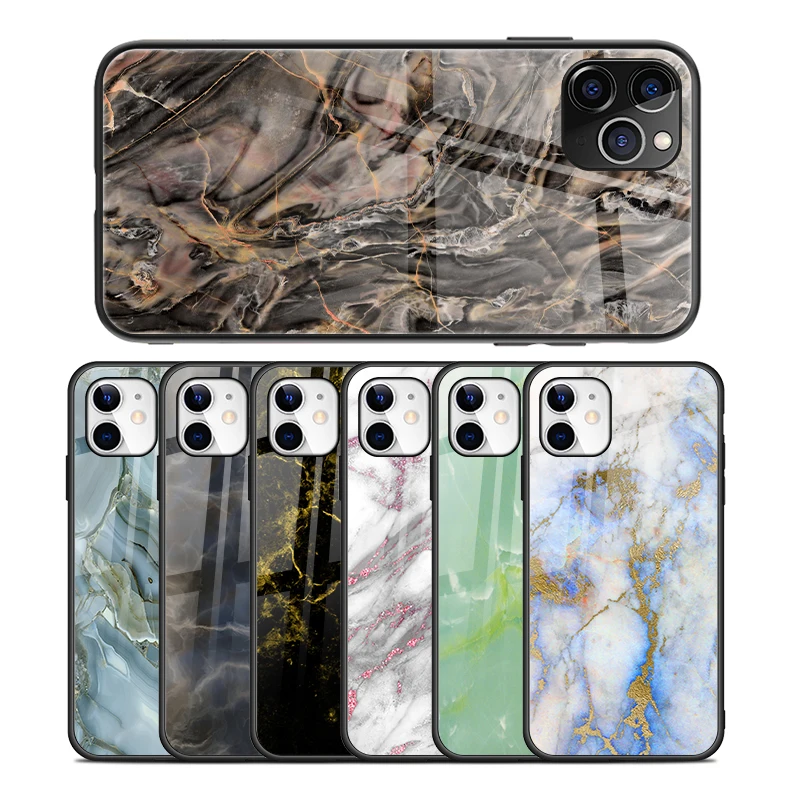 

Marble Jade Design Glossy Tempered Glass Phone Case for iPhone 11 7 8 X XR XSMax Mobile Accessories Casing Scratch-proof Cover, Black