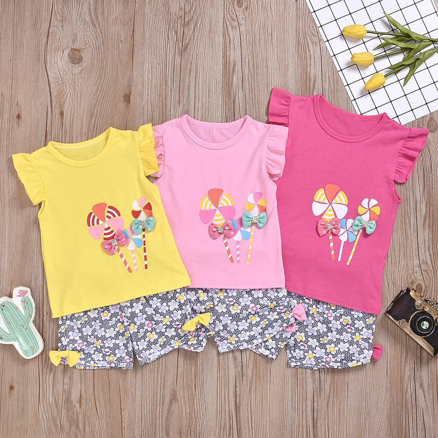 

2021Summer Kids Girls Clothes Set Pure Cotton Vest Sleeveless Tops+Shorts Sets Children Waistcoats 2Pcs Cartoon Vests Suits, Windmill vest rose red, windmill vest yellow, windmill vest pink