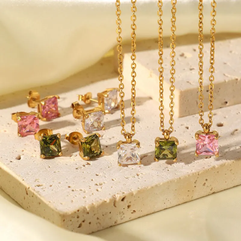 

Stainless Steel 18K White/Pink/Green Square Zircon Pendant Necklace Jewelry Women