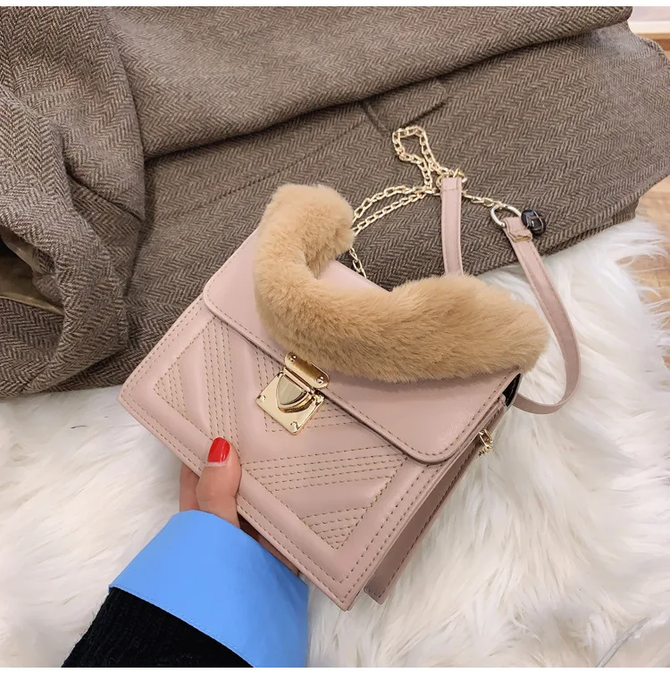 

Cheap Fashion Designer Luxury Ladies Hand Bags PU Leather Bags Women Handbags Shoulder Bag Ladies Purses Fur Handle, Different colors