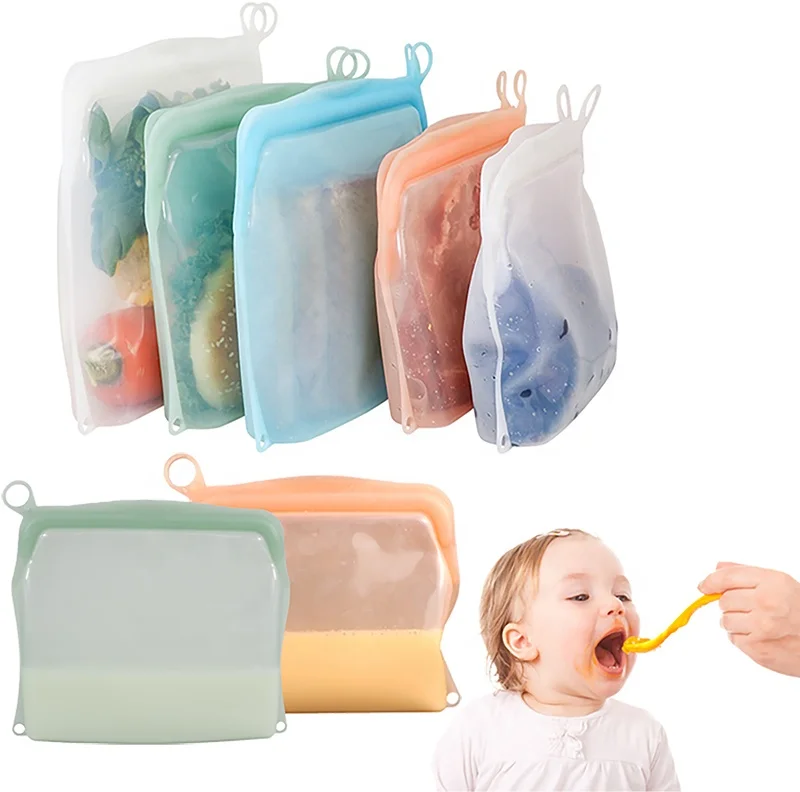 

Custom BPA FREE Microwave Standing UP Seal Silicone Food Grade Freezer Storage Reusable Baby Food Bags, Green,orange,blue,white and customized colors