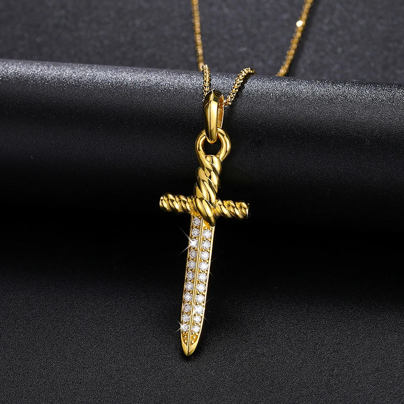 

14K Gold Plated Fashionable Sword Design Cross Pendant 925 Sterling Silver VVS Moissanite Diamond Hip Hop Cross Pendant Necklace