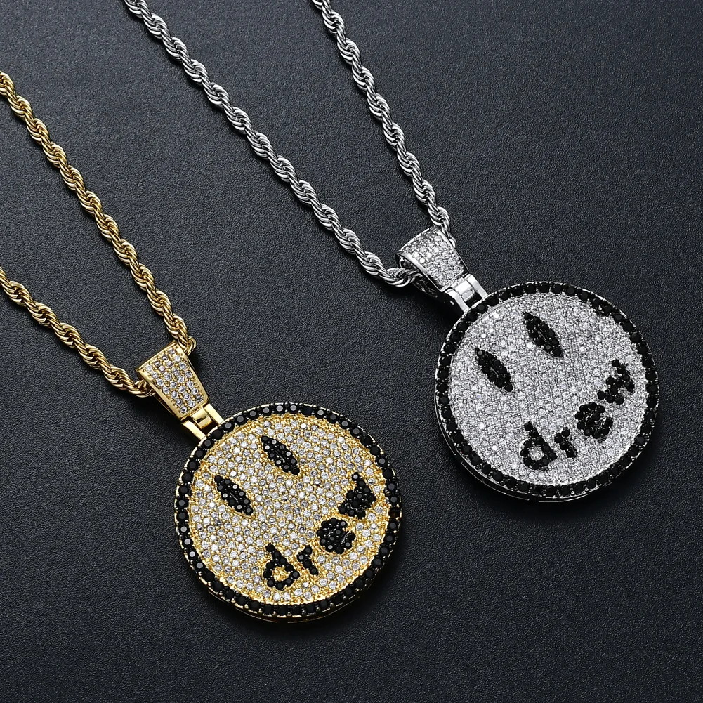 

2021 Sailing Jewelry Iced Out CZ Drew Smile Pendant Necklace For Mens Cubic Zircon Hip Hop Drew Smile Necklace