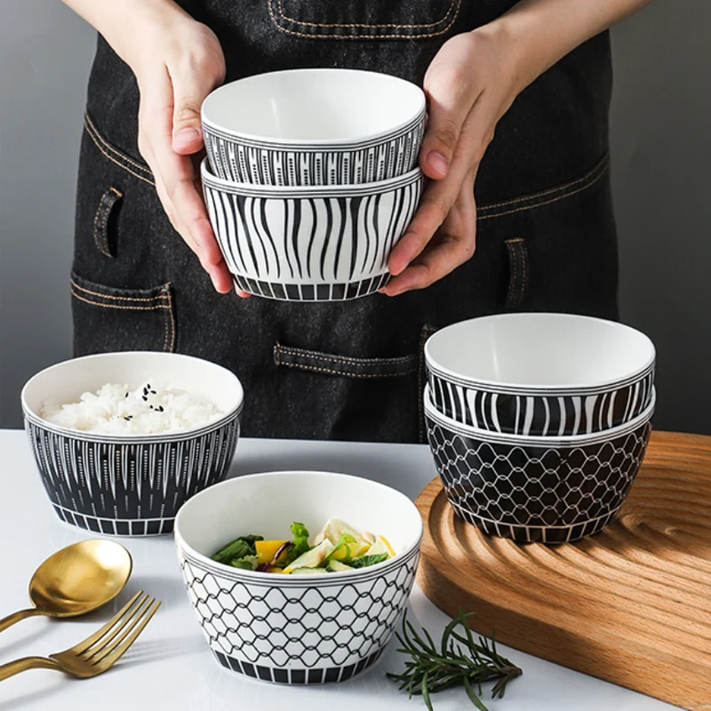 

Wholesale 4.5" Moroccan Style Round Machine Printing Ceramic Rice Bowl, Black and white