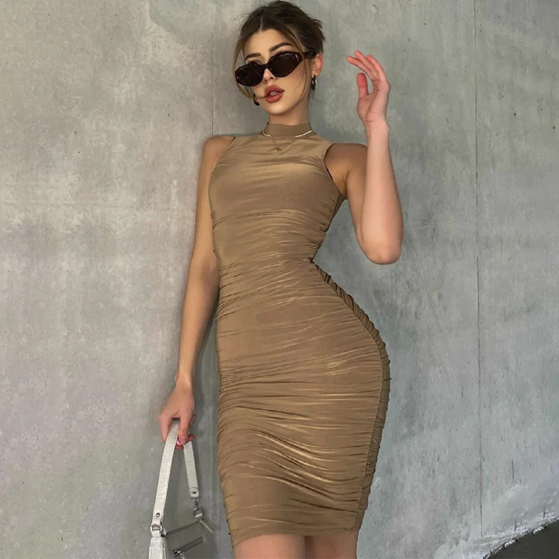 

Women Solid Sleevess Dress Summer Casual Fashion Ruched One Piece Dress Stylish Stretchy Dress Sexy Bodycon Party Clothes, Shown