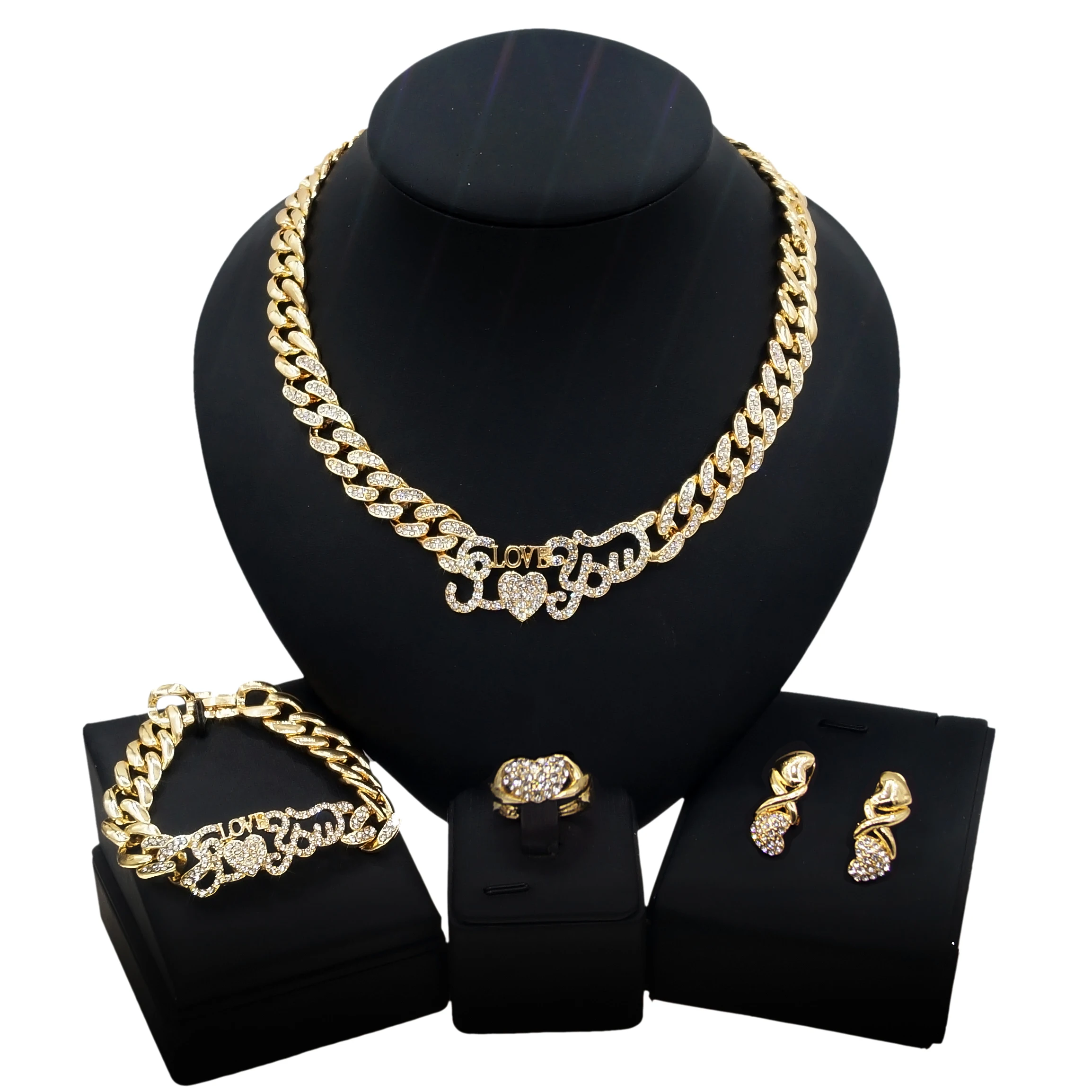 

Yulaili New Design I Love You Jewelry Set Fashion Silver 18K Gold Plated Diamond Big Heart Jewelry Set XOXO Jewelry Set