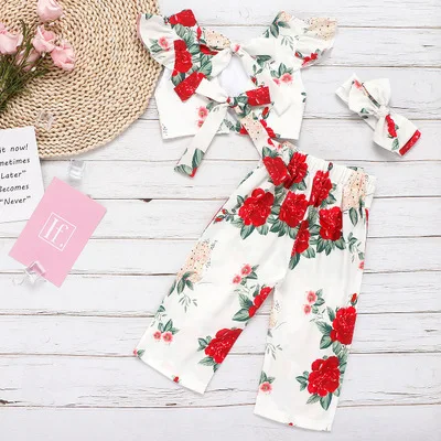 

2020 Toddler Clothing Sets Kids Baby Girls Flower Bowknot Vest Tops Pants Summer Outfits Clothes 3pcs Rose Flower