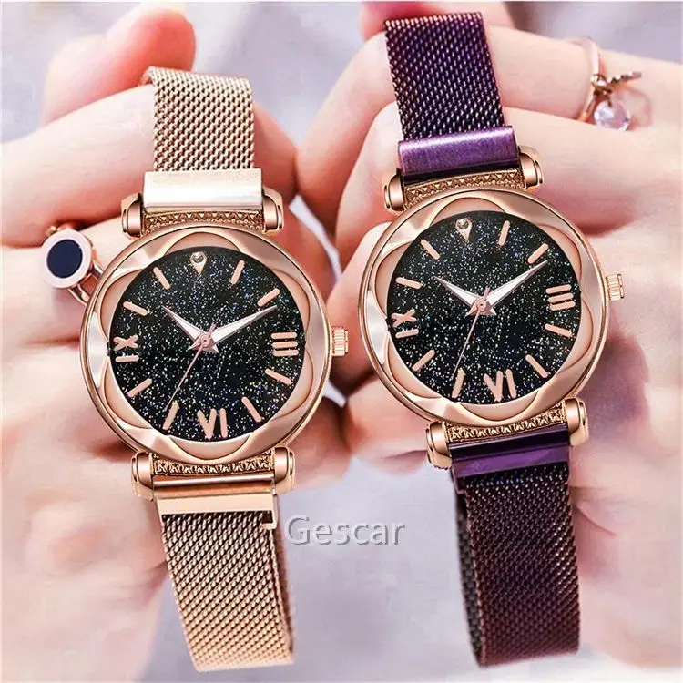 

Hot No Logo Magnetic Strap Wristwatch Starry Sky Luminous Pointer Watch Contracted Style Alloy Quartz Watch Temperament Watch, 8colors