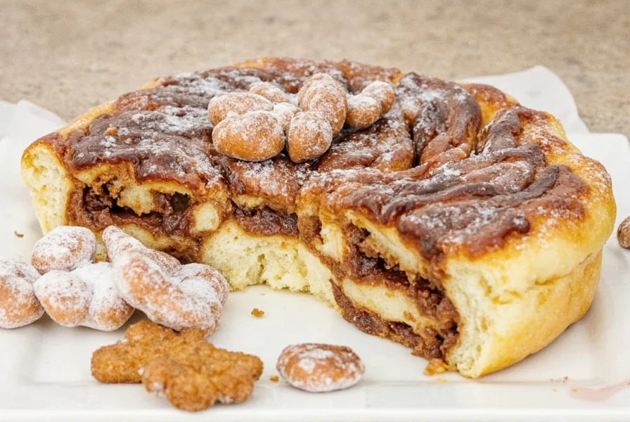 Interior shot of a cozy cinnamon roll deli showing customers enjoying freshly baked rolls at rustic wooden tables with visible baking station in background
