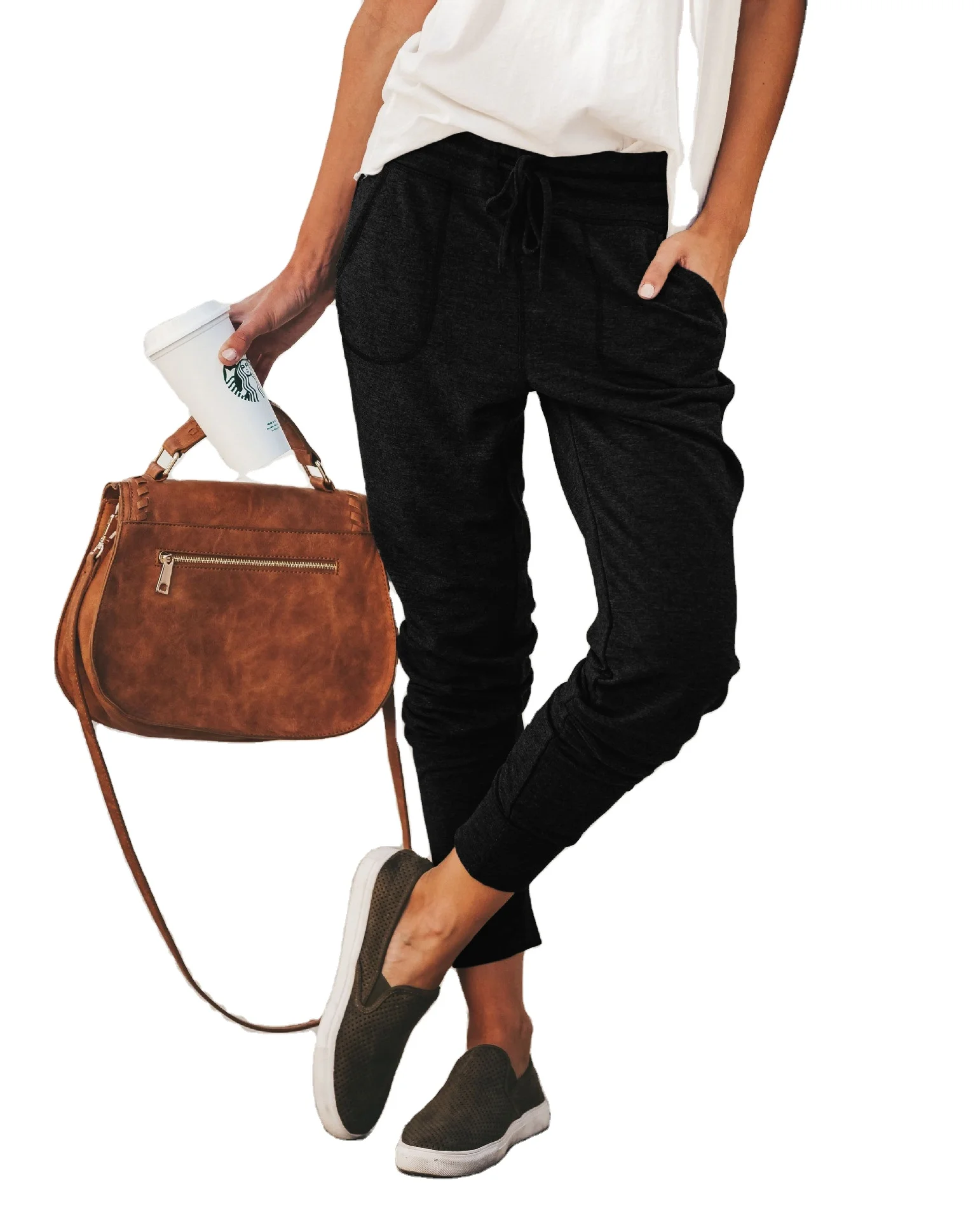 

Women's Elastic Lace Up Casual Pants Loose Pocket Leggy Pants