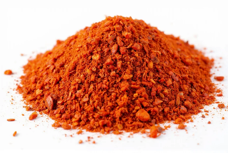 Close-up of crushed red pepper flakes showing texture and color variation on white background