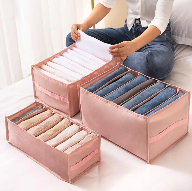 

Fabric storage bins with divider Oxford drawer sotrage box underwear jeans storage bag Large Capacity Combination Bins, Pink, grey