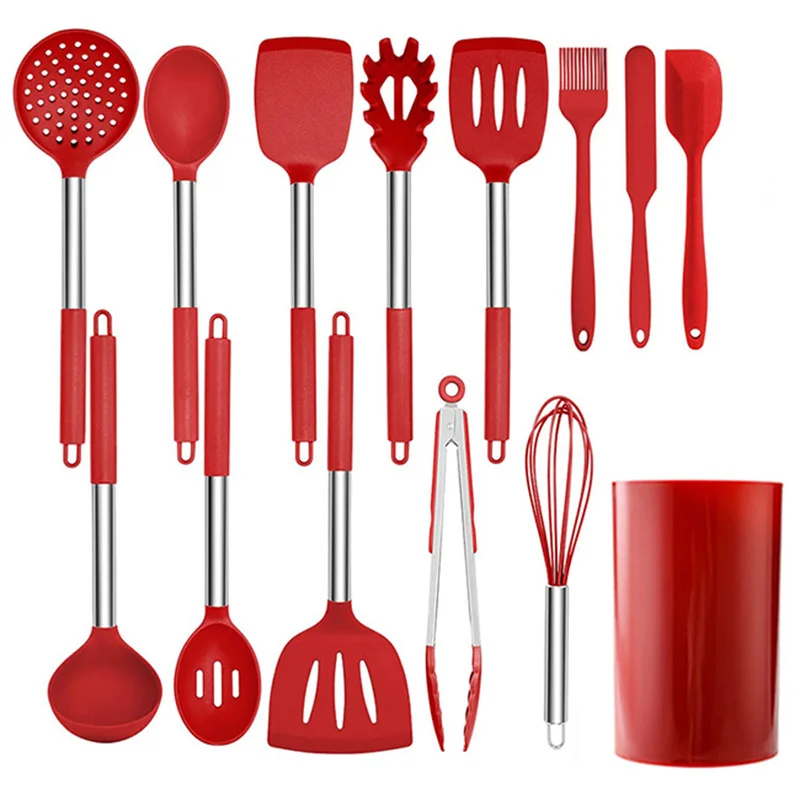 

Amazon Top Selling Kitchen Utensils Accessories Stainless steel Silicone Suit 14 pieces Spatulas kitchenware set, Black,red