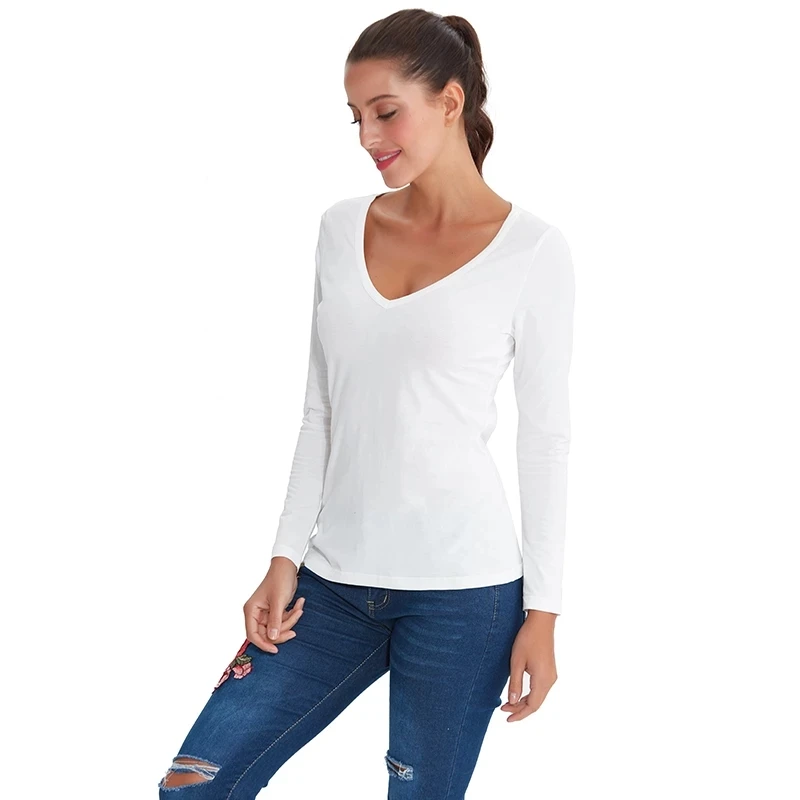

V Neck Slim Fit Long Sleeve 100% Cotton Blank White T Shirt Women