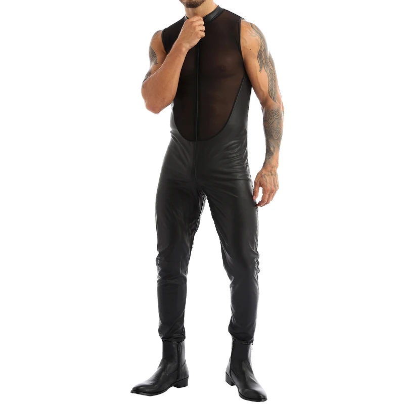 

iEFiEL Mens Wetlook Leather Sexy Lingerie Bodysuit Mesh Transparent Sleeveless Zipper Jumpsuit Latex Catsuit