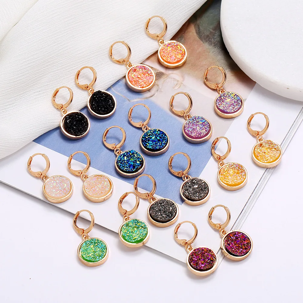 

New Design Delicate Colorful Quartz Natural Stone Round Hoop Earrings Pure Gold Plating Resin Geometric Circle Drop Earrings