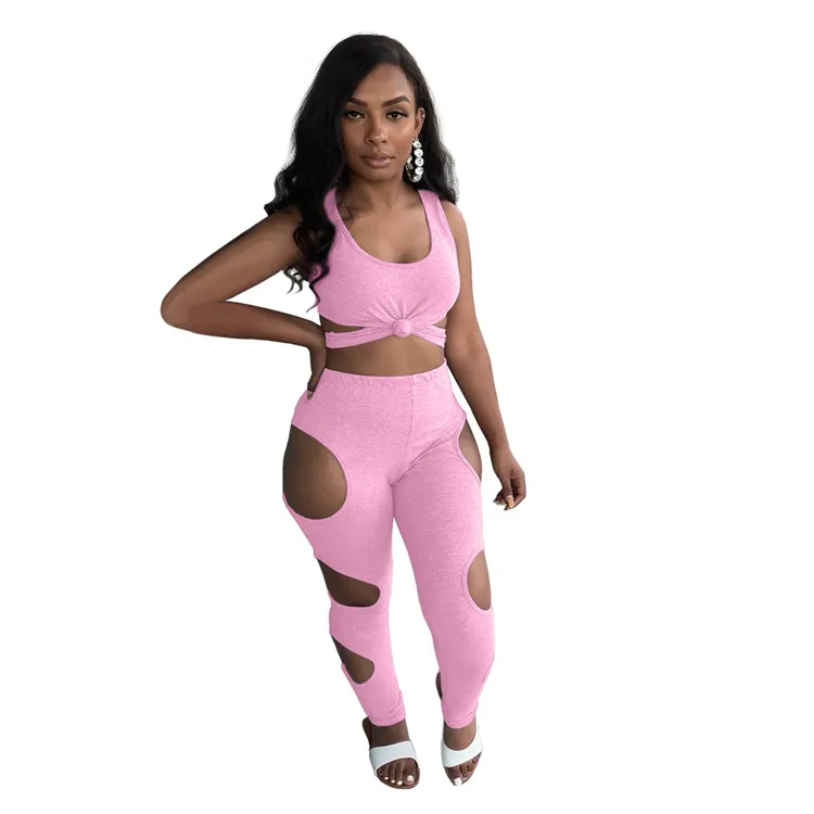 

Best seller splice hole vest sexy two piece high waist joggers pencil pant set