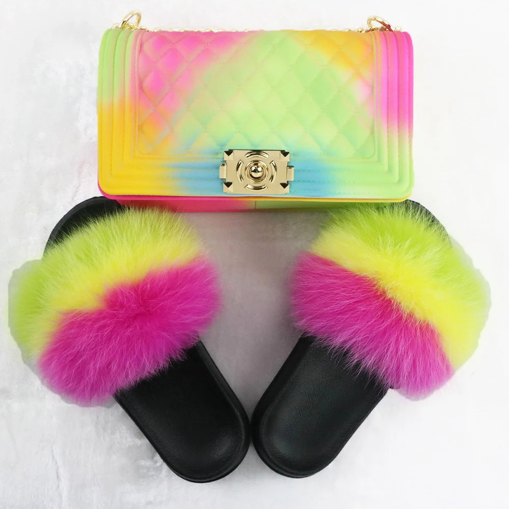 

Top Selling sandals and bag set wholesale New Arrivals Colorful Handbag Jelly Bag and fur slides 2021 Ladies purse and shoe sets