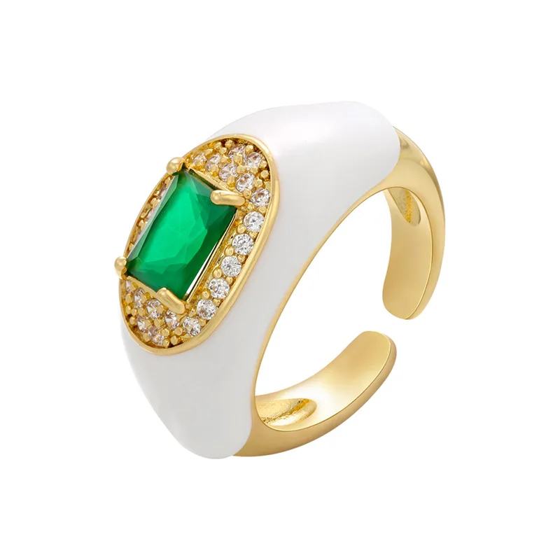 

Statement Luxury 14K Gold CZ Zirconia Oil Drip Open Ring Sweet Charm Emerald Crystal Drop Oil Ring For Party