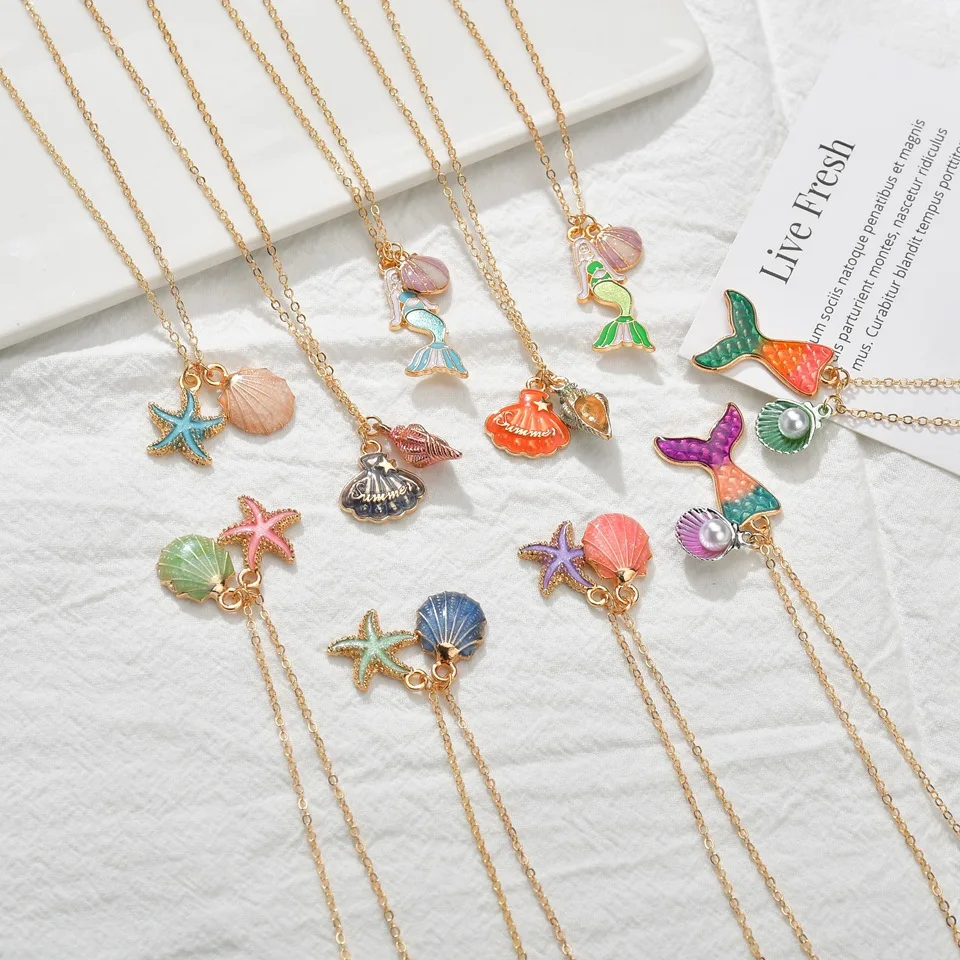 

new product cute design alloy gold plated seashell starfish mermaid beach style corlorful pendant necklace for kids, Picture