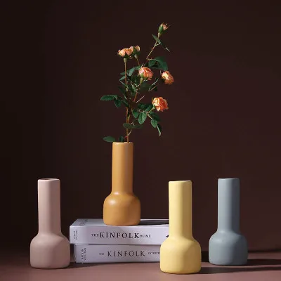 

Morandi Matt Color Nordic INS Style Figurines Frosted Design Model Tabletop Home Room Flowers Decorative Ornament Ceramic Vase, Yellow/pink/orange/grey