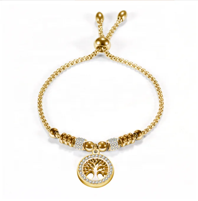 

Gold Plated Rose Gold Silver Magnetic Clasp Chain Bangle Bracelet With Diamond Charm Of Life Tree For Women